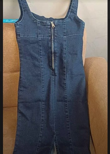 s Beden Kadın Lacivert Denim Midi Askılı yırtmaçlı kot elbise