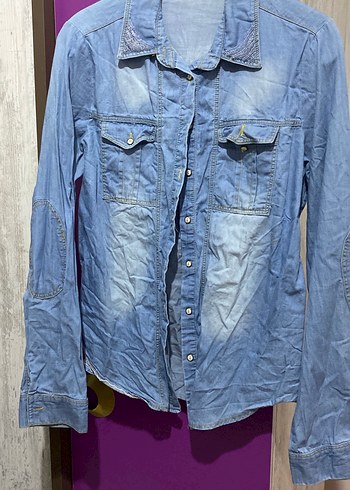 40 Beden Mavi Denim Düğmeli Kadın Gömlek