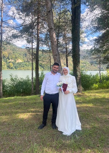 Uzun Kollu Straplez Midi Beyaz A-Line Gelinlik
