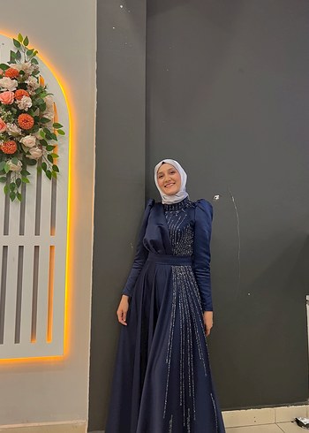 38 Beden Lacivert Drapeli Uzun Abiye Elbise