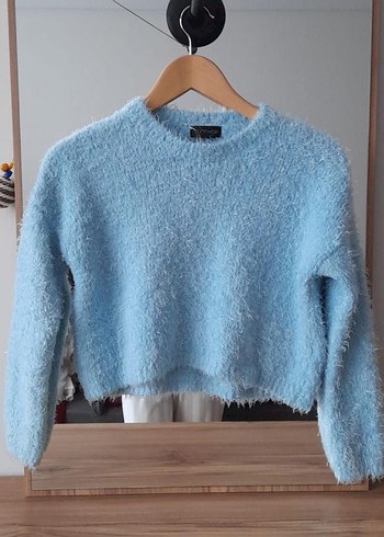Topshop Mavi Yünlü Kısa Crop Kadın Kazak