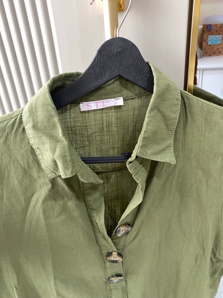 Haki Uzun Keten  V Yaka elbise - Görsel 2