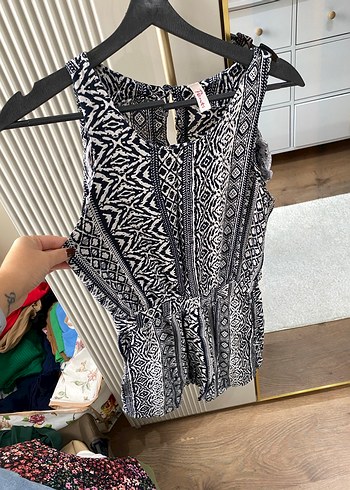 Bohem Desenli Gri Kadın şort tulum - Görsel 3