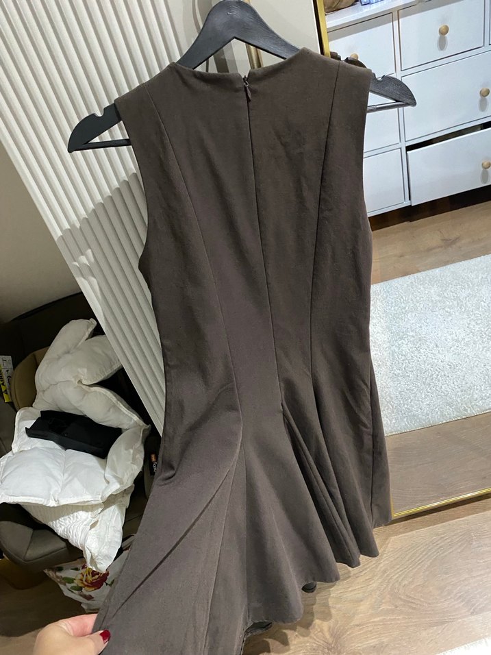 Kahverengi V Yaka Midi Drapeli Kadın Elbise - Görsel 2