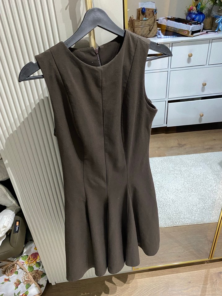 Kahverengi V Yaka Midi Drapeli Kadın Elbise - Görsel 5