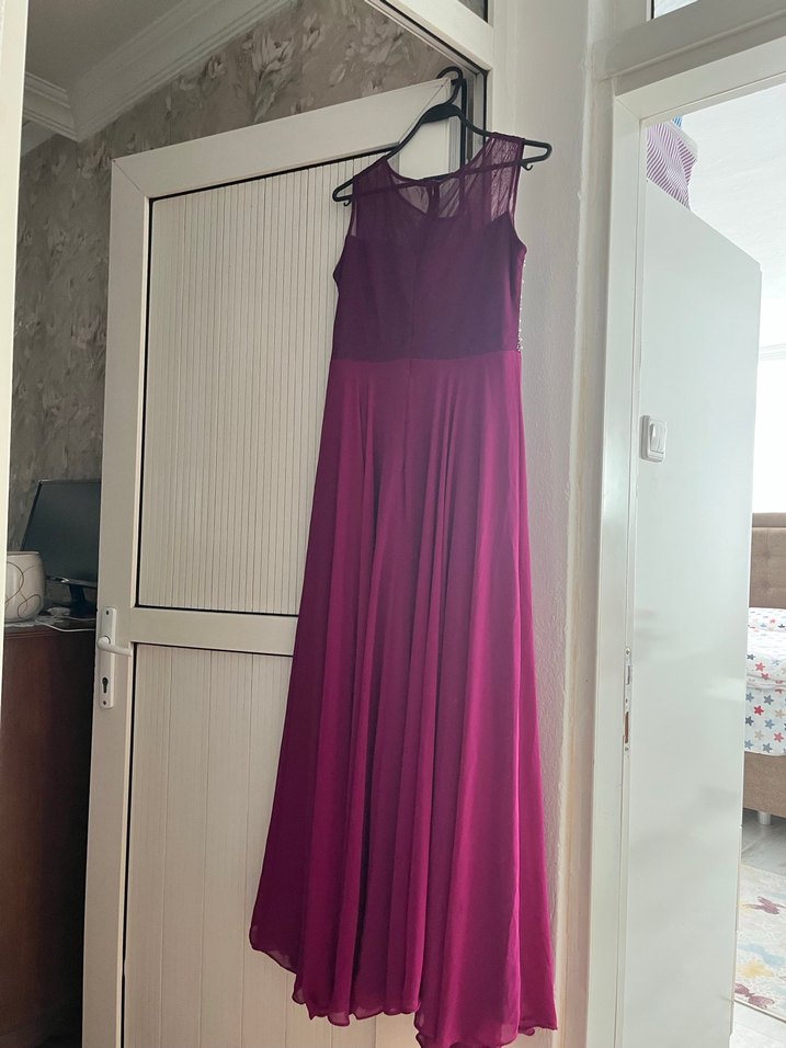 Bordo Drapeli Straplez Uzun Abiye Elbise - Görsel 2