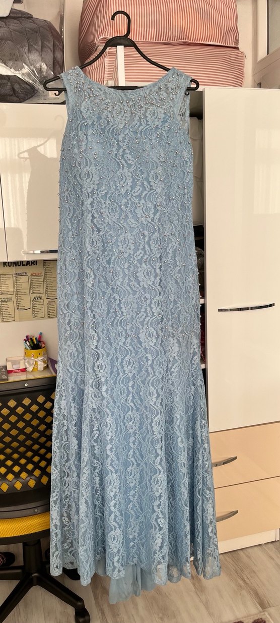 Dantel Detaylı Uzun Mavi Abiye Elbise - Görsel 2