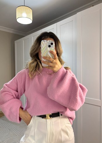 universal Beden pembe Renk Massimo Pembe Oversize Geniş Kol Kadın Kazak