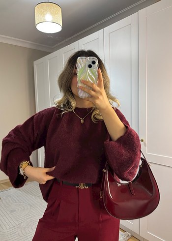 universal Beden bordo Renk Massimo Bordo Oversize Geniş Kol Detay