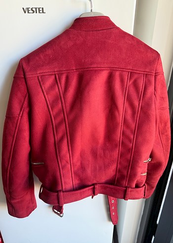 m Beden Kemerli bordo Süet Kadın Biker Ceket