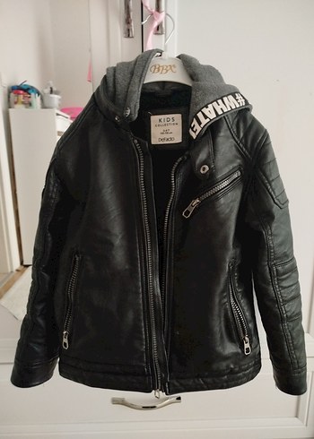 Siyah Deri Erkek Çocuk Biker Mont