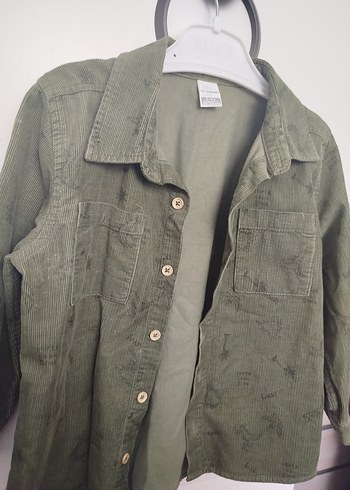 Erkek Çocuk Haki Düğmeli Uzun Kollu kadife Gömlek - Görsel 4