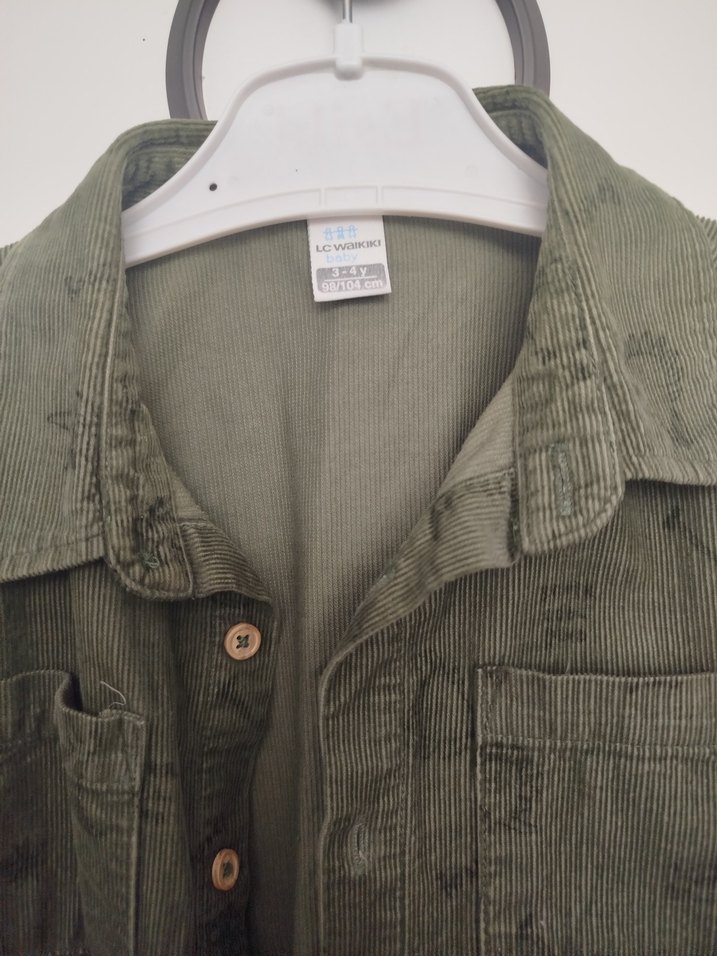 Erkek Çocuk Haki Düğmeli Uzun Kollu kadife Gömlek - Görsel 3