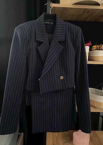 Lacivert Çizgili Kadın Uzun Blazer Ceket