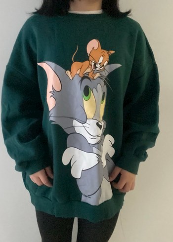 Tom ve Jerry Baskılı Yeşil Kadın Sweatshirt