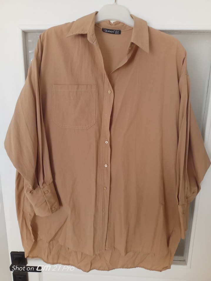 Bej Keten Düğmeli Kadın Gömlek - Görsel 2