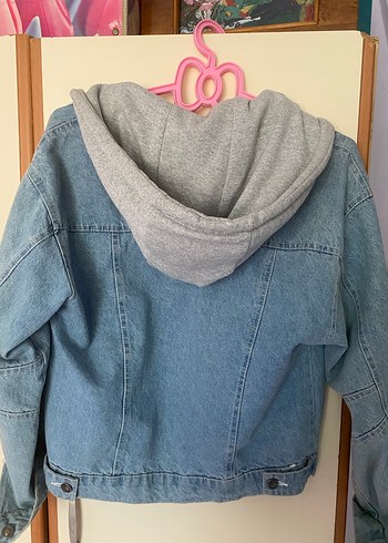 s Beden Düğmeli Gri Kapüşonlu Kadın Denim Ceket