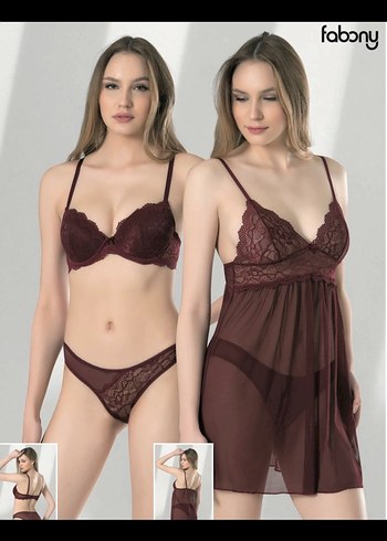 Bordo Mini İp Askılı Dantel Gecelik ve Takım