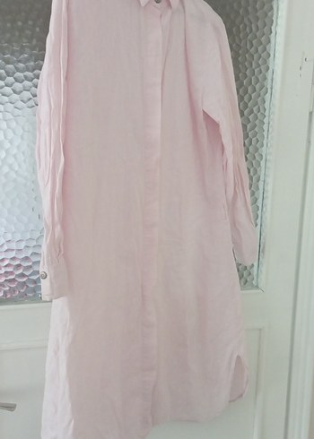 Pembe Keten Uzun Kollu Hamile Tunik
