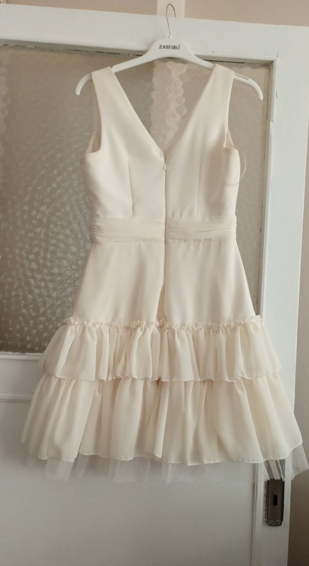 V Yaka Kolsuz Mini Ekru elbise - Görsel 2