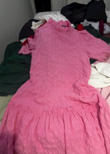 Pembe Uzun Kollu Keten Elbise