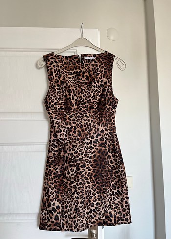 Kahverengi Leopar Desenli Midi Elbise
