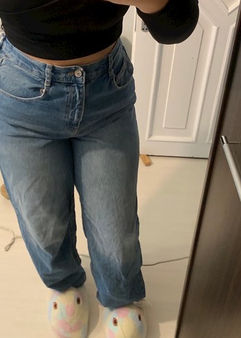 Kadın Mavi Bol Kesim Midi Denim Pantolon