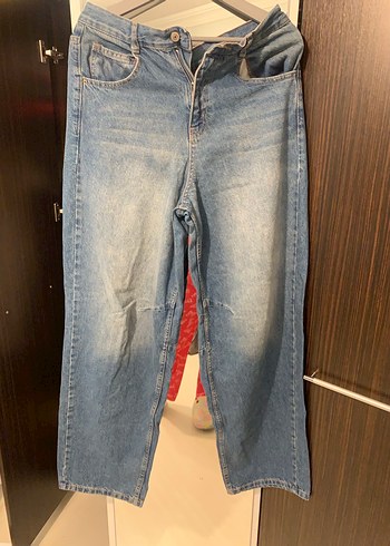Kadın Mavi Bol Kesim Midi Denim Pantolon