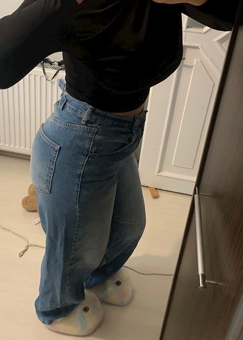 38 Beden Kadın Mavi Bol Kesim Midi Denim Pantolon