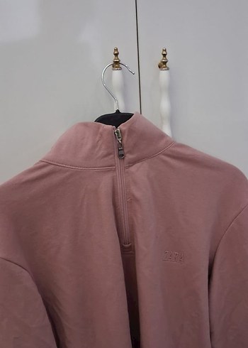 l Beden Fermuarlı Yüksek Yakalı Pembe Sweatshirt
