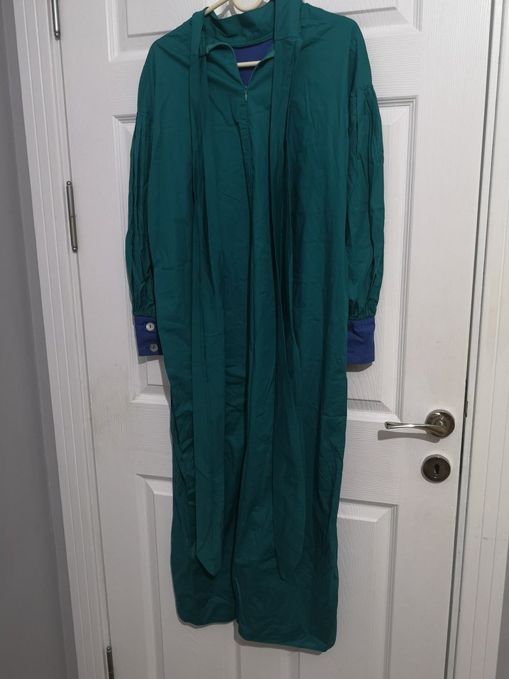 Uzun, Salaş, Drapeli Mavi, yeşil Kadın Elbise - Görsel 2