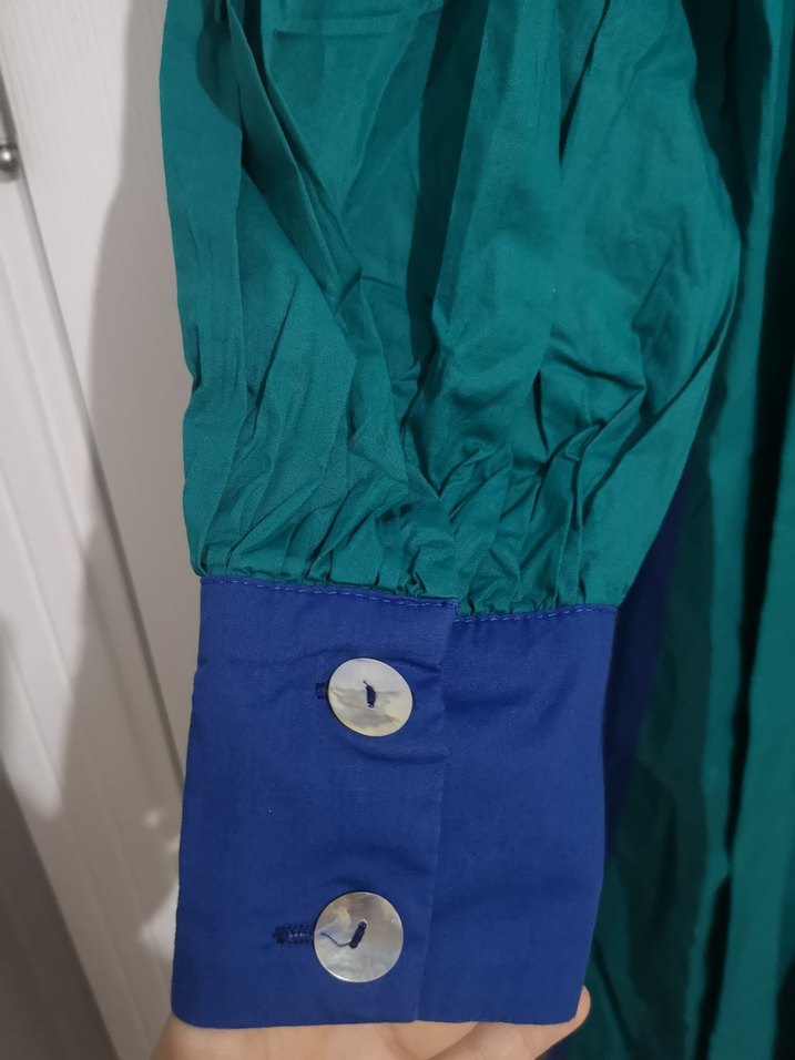 Uzun, Salaş, Drapeli Mavi, yeşil Kadın Elbise - Görsel 3