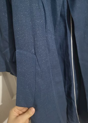 Lacivert Kemerli Kadın Uzun Keten Trençkot - Görsel 4