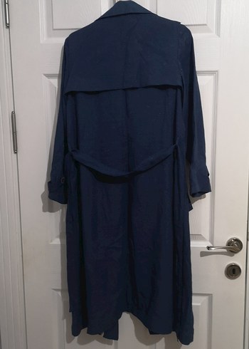 Lacivert Kemerli Kadın Uzun Keten Trençkot - Görsel 7