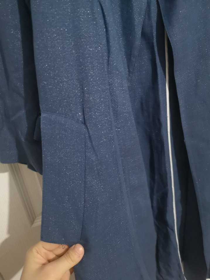 Lacivert Kemerli Kadın Uzun Keten Trençkot - Görsel 4