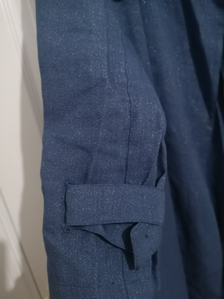 Lacivert Kemerli Kadın Uzun Keten Trençkot - Görsel 3