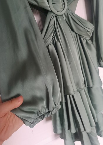 Su Yeşili,Saten, Uzun Kollu Kadın Elbise - Görsel 3