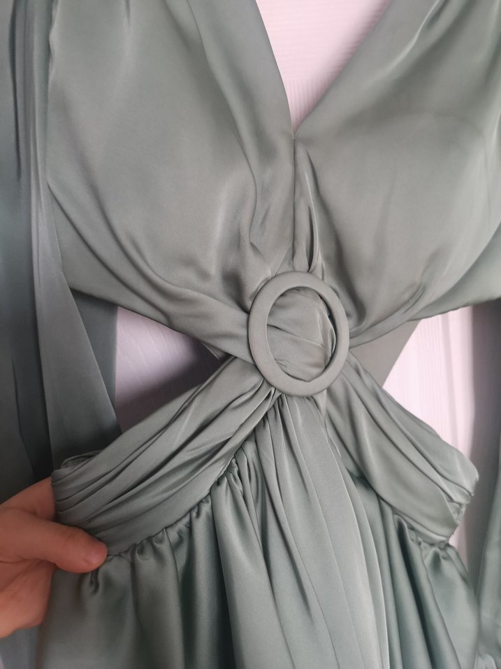 Su Yeşili,Saten, Uzun Kollu Kadın Elbise - Görsel 4