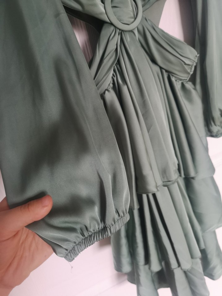 Su Yeşili,Saten, Uzun Kollu Kadın Elbise - Görsel 3