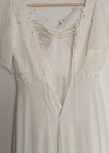 V Yakalı Beyaz Şifon Astarlı Vintage A Kesim Gelinlik - Görsel 2