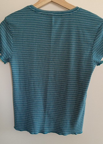 Kadın Turkuaz Çizgili Piliseli Tişört - Görsel 2