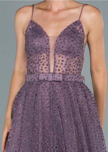 Mor Uzun Dantel İşlemeli Abiye Elbise - Görsel 3