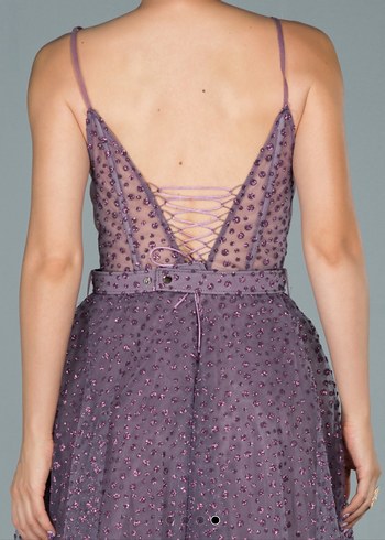 Mor Uzun Dantel İşlemeli Abiye Elbise - Görsel 4