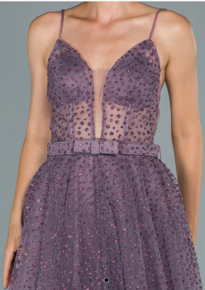 Mor Uzun Dantel İşlemeli Abiye Elbise - Görsel 3