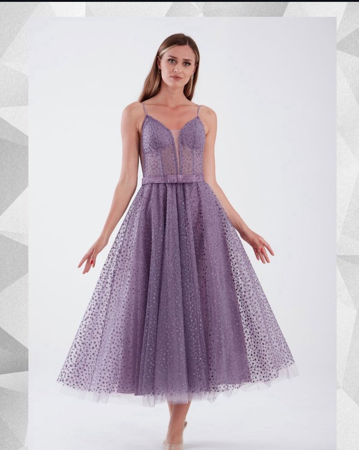 Mor Uzun Dantel İşlemeli Abiye Elbise - Görsel 5