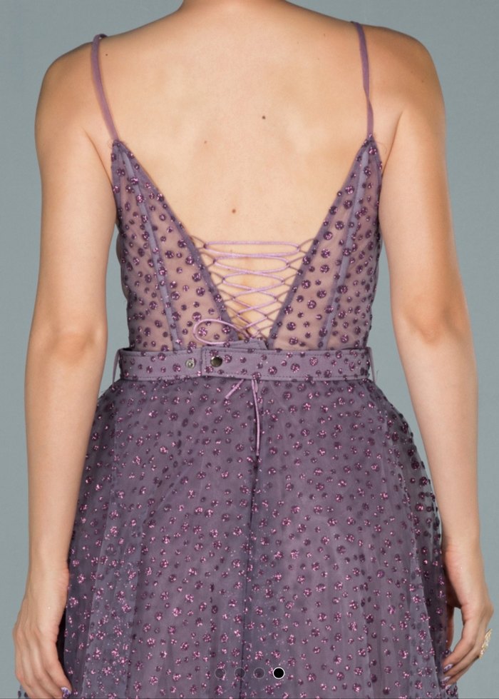 Mor Uzun Dantel İşlemeli Abiye Elbise - Görsel 4