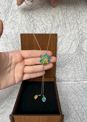  Beden turkuaz Renk Gold Mavi Çiçekli Ayarlanabilir Kolye