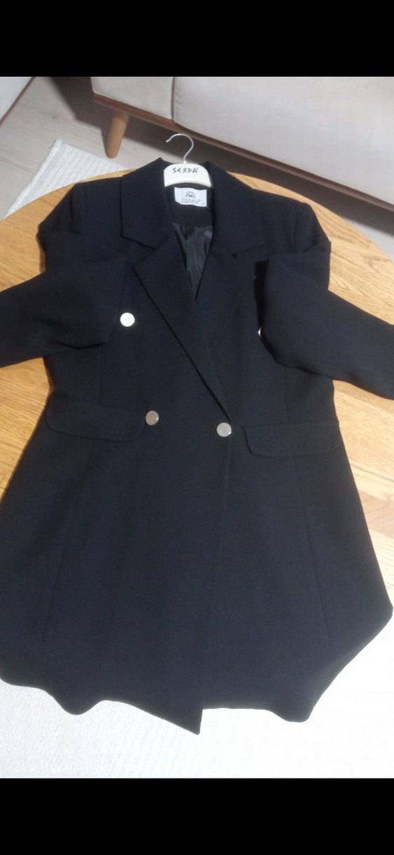 Düğmeli Siyah Midi Kadın Blazer Ceket - Görsel 3