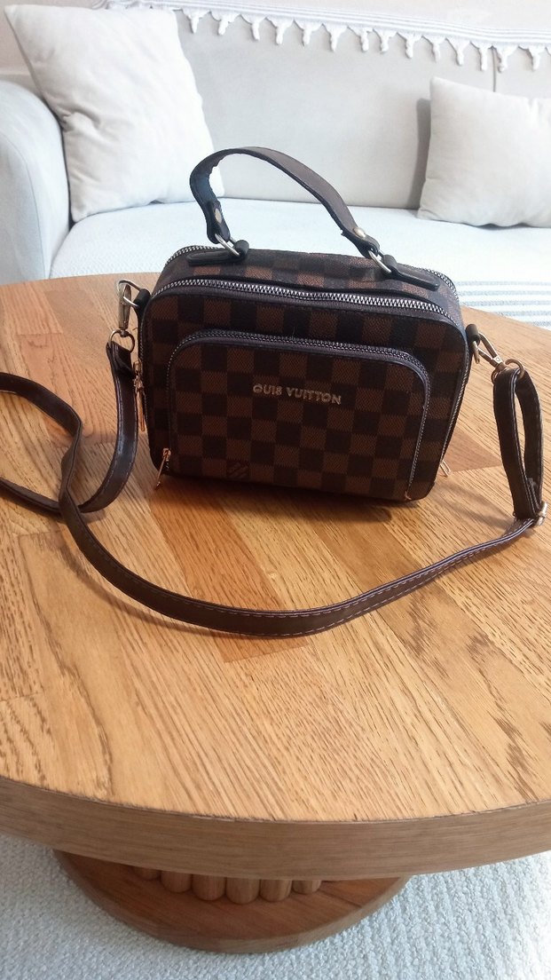 Kahverengi Deri Kareli Kadın Çanta - Görsel 4