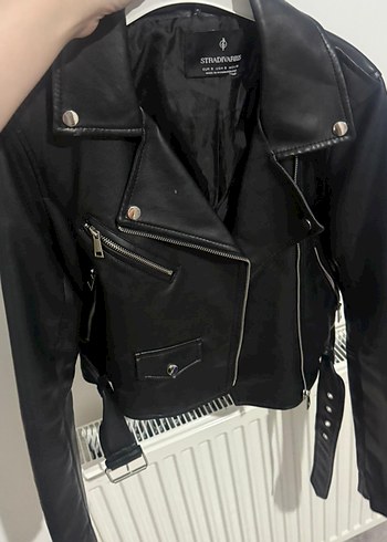 s Beden Kadın Siyah Mini Deri Biker Ceket